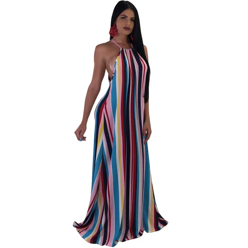 Euramerican Striped Floor Length Dress #Sleeveless #Striped #Spaghetti Strap Popular unclassified dresses