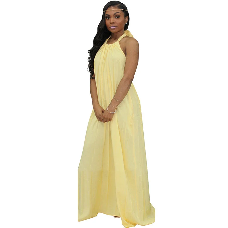 Fashion Halter Neck Backless Floor Length Dress #Yellow #Halter #O Neck #Chiffon Pastel unclassified dresses