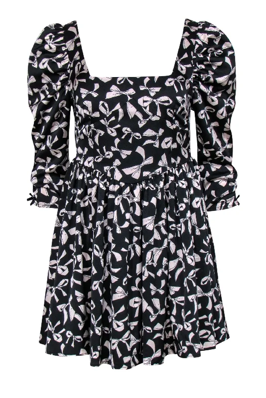 For Love & Lemons - Black & Cream Bow Print Puff Sleeve Fit & Flare Dress Sz S Minimalist unclassified dresses