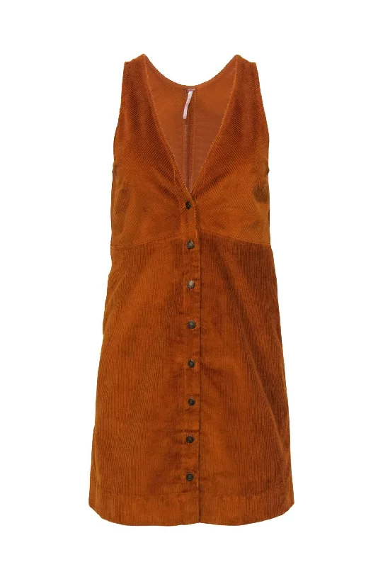 Free People - Rust Orange Corduroy Sleeveless Button-Up Sheath Dress Sz XS Cocktail unclassified dresses