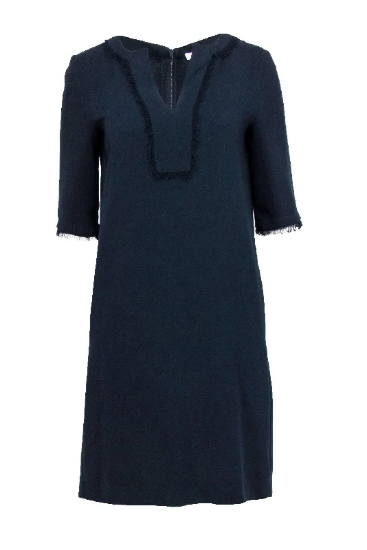 Gerard Darel - Navy Notch Neck Shift Dress w/ Fringe Trim Sz 6 Lounge unclassified dresses