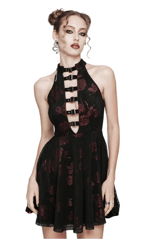 Goth Velvet Rose Print Dress with Buckles Detail Graduation unclassified dresses