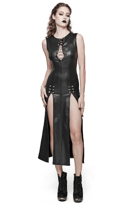 Gothic Black Patent Leather Dress with Double Slits Street style unclassified dresses