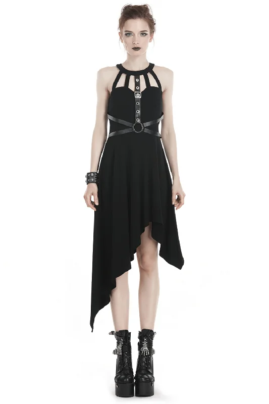 Gothic Female Dress with Metal Accents and Asymmetric Hem Anniversary unclassified dresses