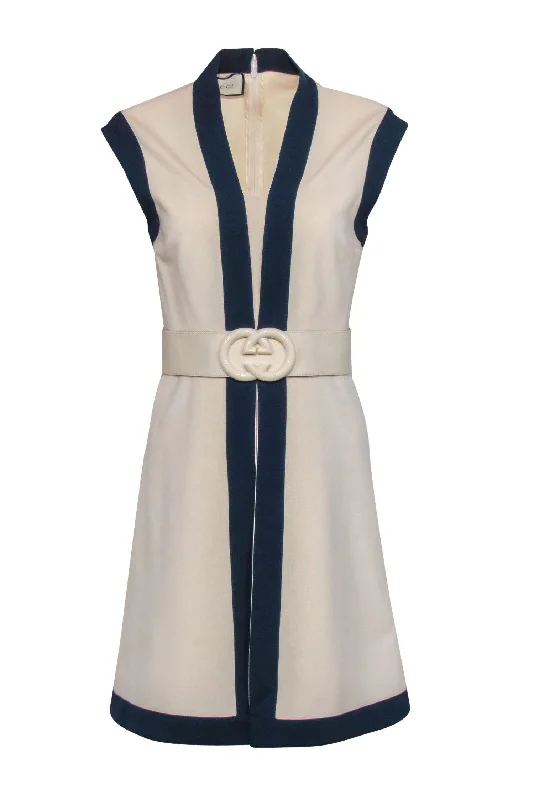 Gucci - Cream & Navy Sleeveless Fit & Flare Dress w/ Logo Belt Sz S Graduation unclassified dresses