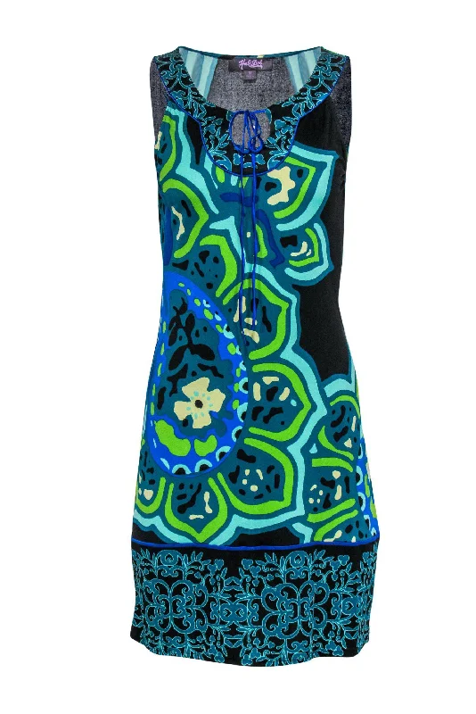 Hale Bob - Green, Blue & Black Printed Sleeveless Silk Shift Dress Sz M Backless unclassified dresses