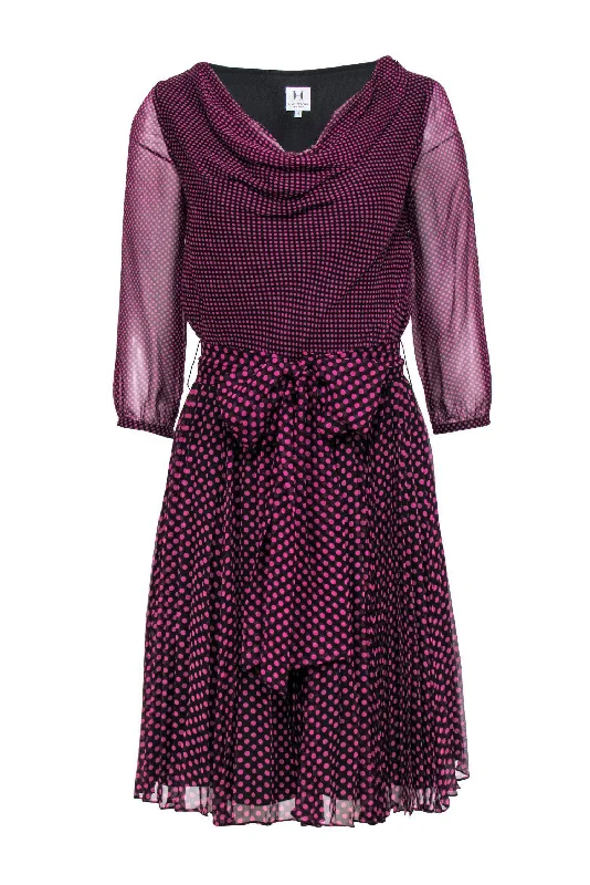 Halston Heritage - Black & Purple Polka Dot Cowl Neck Dress w/ Sheer Sleeves Sz 4 Best-selling unclassified dresses