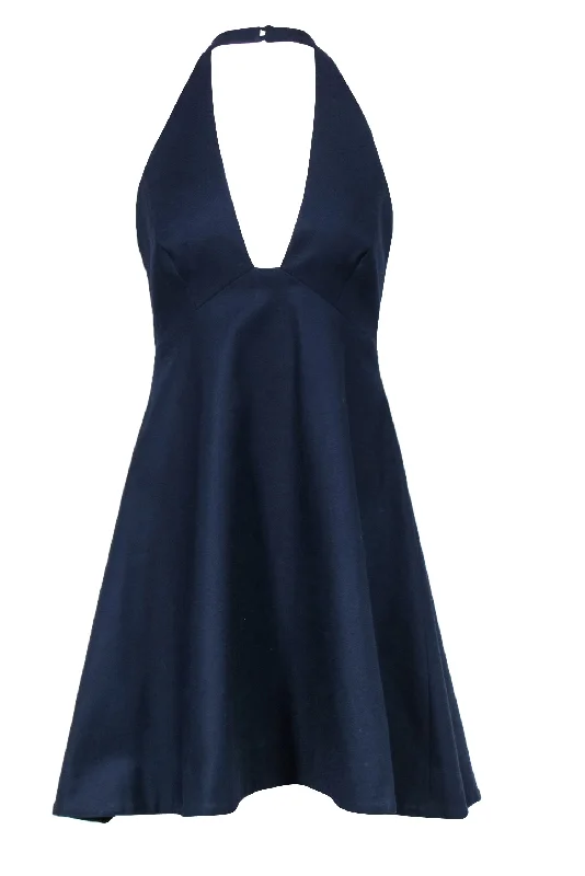 Halston Heritage - Navy Cotton A-Line Halter Plunge Dress Sz 4 One-shoulder unclassified dresses