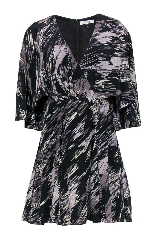 Halston Heritage - Black & Gray Swirled Printed Flutter Sleeve Dress Sz 6 Travel unclassified dresses