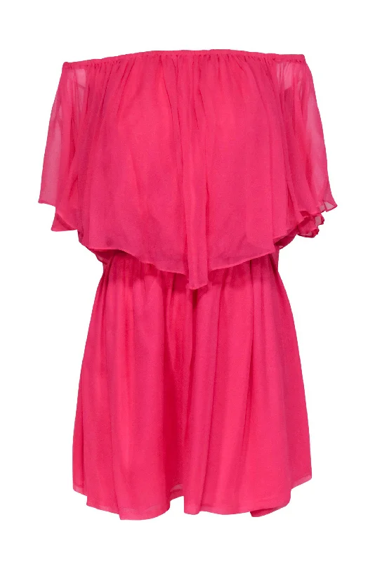 Halston Heritage - Hot Pink Off-the-Shoulder Silk Fit & Flare Dress Sz 6 Flowy unclassified dresses