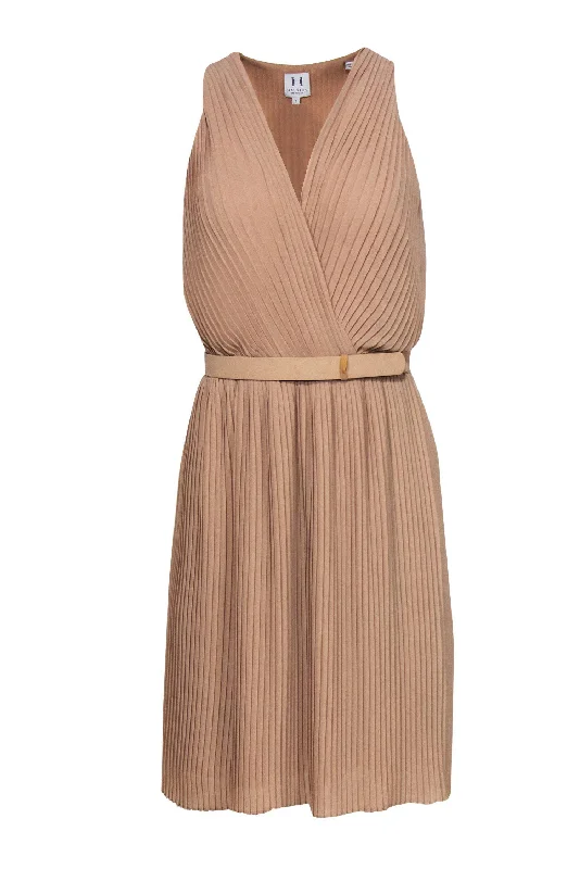 Halston Heritage - Pleated Tan Plunge Neckline Dress w/ Belt Sz 6 Minimalist unclassified dresses