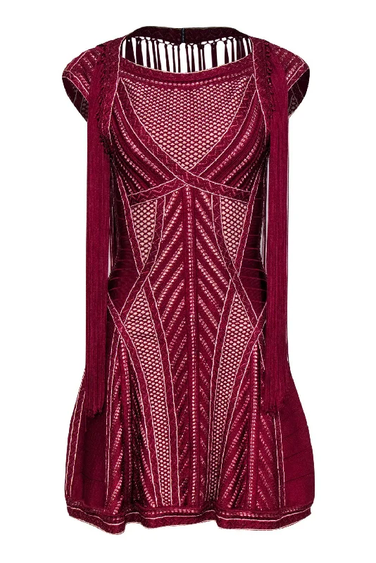 Herve Leger - Maroon Mesh Sleeveless Fit & Flare Dress w/ Fringe Sz S Pastel unclassified dresses