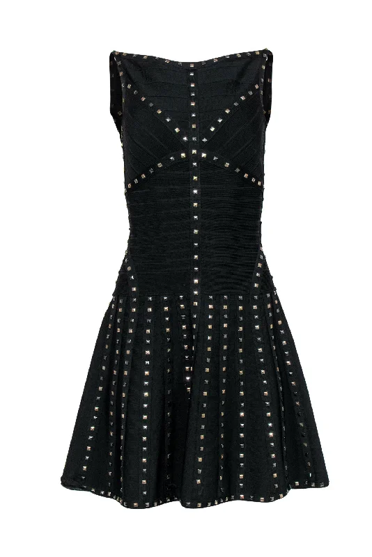 Herve Leger - Black Sleeveless Bandage Fit & Flare Dress w/ Studs Sz S Elegant unclassified dresses