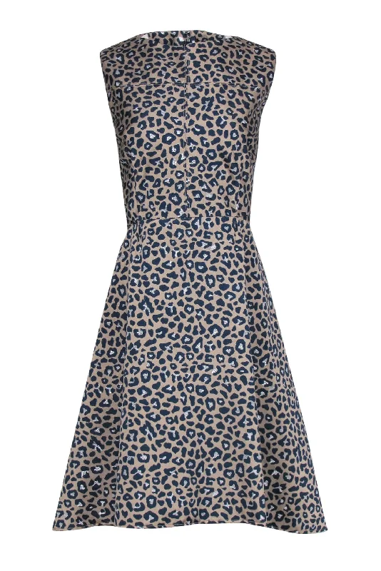 Hilton Hollis - Tan, Navy & Silver Leopard Print Sleeveless A-Line Dress Sz 14 Fashionable unclassified dresses