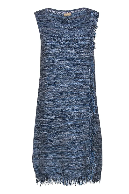 Holding Horses - Blue & Gray Woven Tweed Shift Dress w/ Fringe Sz S One-shoulder unclassified dresses