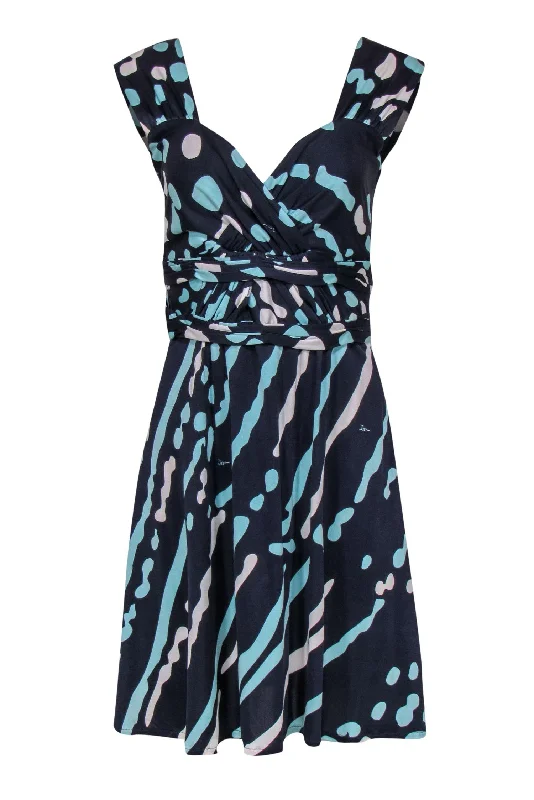 Issa London - Navy, Mint & White Patterned Dress w/ Ruched Waist Sz 6 Bodycon unclassified dresses