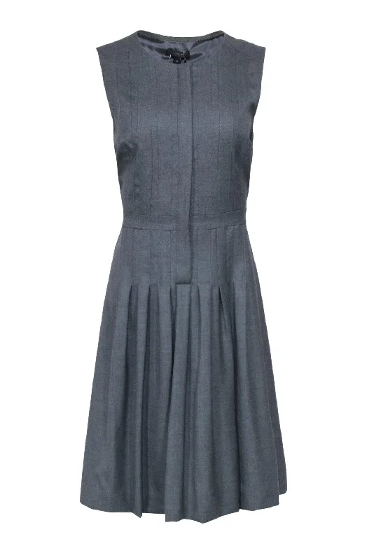 J.Crew - Grey Sleeveless Pleated Half Button-Up Wool Fit & Flare Dress Sz 10 Holiday unclassified dresses