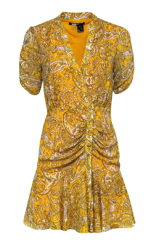 Jay Godfrey - Yellow & White Paisley Print Button-Up Puff Sleeve Ruched Dress Sz 2 A-line unclassified dresses