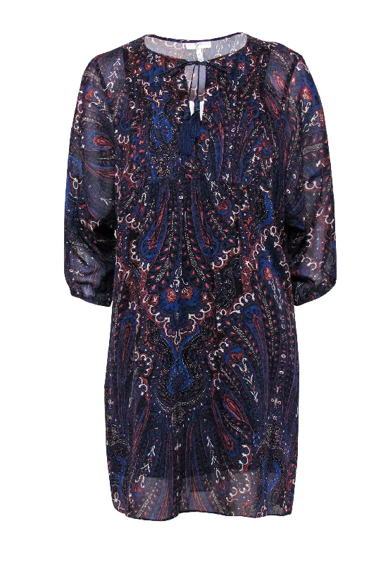 Joie - Navy Paisley Print Silk Peasant Dress w/ Slip Sz XS Smocked unclassified dresses