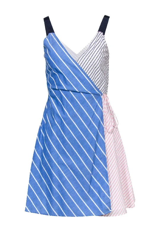 Joie - White, Blue & Pink Multi-Striped Sleeveless Wrap Dress Sz XS Comfortable unclassified dresses