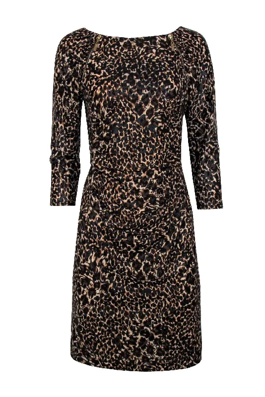 Joseph Ribkoff - Brown & Black Leopard Print Quarter Sleeve Ruched Dress Sz 12 Trendy new unclassified dresses