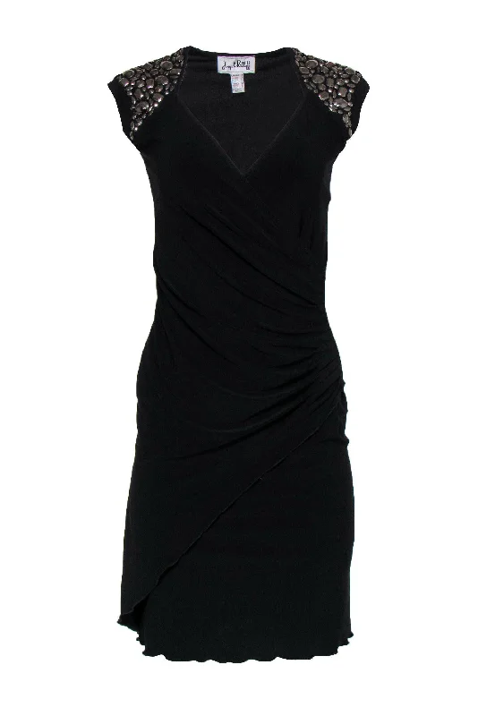 Joseph Ribkoff - Black Plunge Gathered Side Sheath Dress w/ Beading Sz 2 Halter unclassified dresses