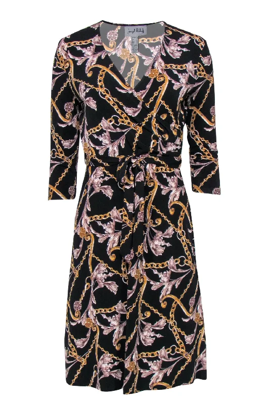 Joseph Ribkoff - Black Chain Printed Faux Wrap Dress Sz 4 Sleeveless unclassified dresses