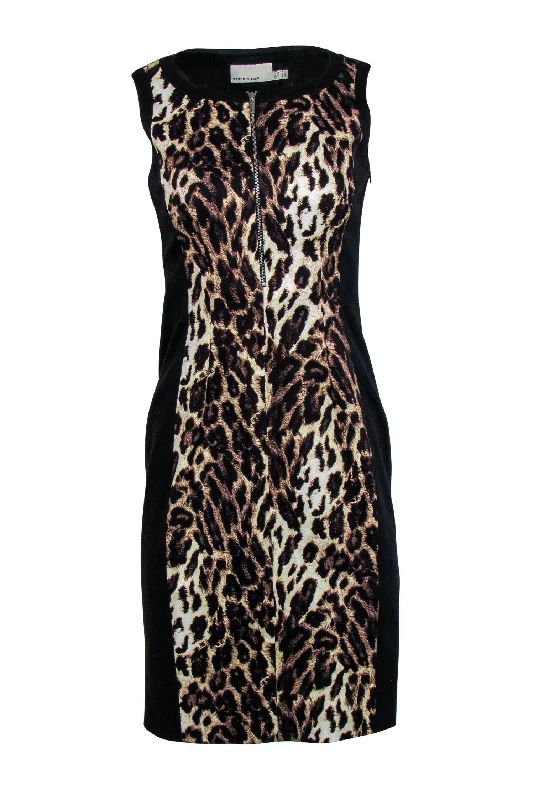 Karen Millen - Leopard Printed Zip-Up Sheath Dress Sz 6 Color block unclassified dresses