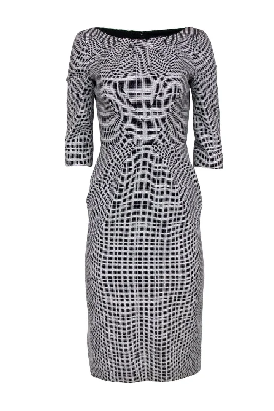 Karen Millen - Black & Cream Micro Pattern Structured Dress w/ Back Slit Sz 6 Mesh unclassified dresses