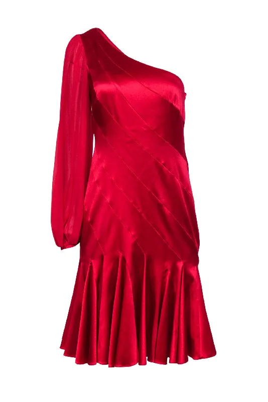 Karen Millen - Red Satin Pleated Dress w/ Mesh Sleeve Sz 8 Preppy unclassified dresses