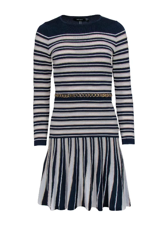 Karen Millen - Navy, White & Cream Striped Ribbed Fit & Flare Dress Sz S Tulle unclassified dresses