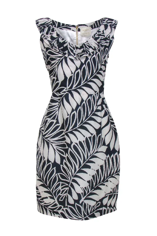 Kate Spade - Navy & White Leaf Print Silk Dress Sz 10 Bodycon unclassified dresses