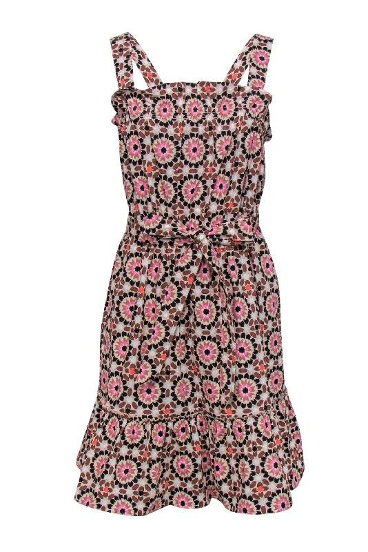 Kate Spade - Pink Geometric Print Sleeveless Ruffle Fit & Flare Dress w/ Belt Sz 12 Cotton unclassified dresses