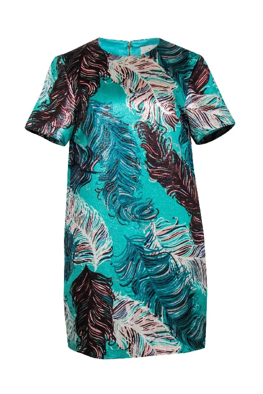 Kate Spade - Metallic Aqua Green Feather Print Shift Dress Sz 6 Lounge unclassified dresses