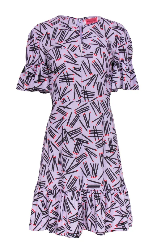 Kate Spade - Purple Ruffle Sleeve Matchstick Print Dress Sz 6 Vacation unclassified dresses