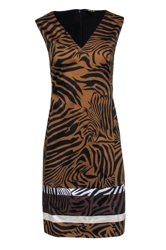 Kobi Halperin - Brown & Black Zebra Print Sleeveless Sheath Dress w/ Colorblocked Hem Sz L Formal unclassified dresses