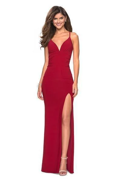 La Femme - 27622SC Plunging V Neck Evening Dress with Slit Smocked unclassified dresses