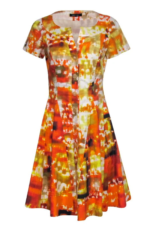 Lafayette 148 - Yellow & Orange Marbled Cotton Button-Front Dress Sz 4 Sequin unclassified dresses