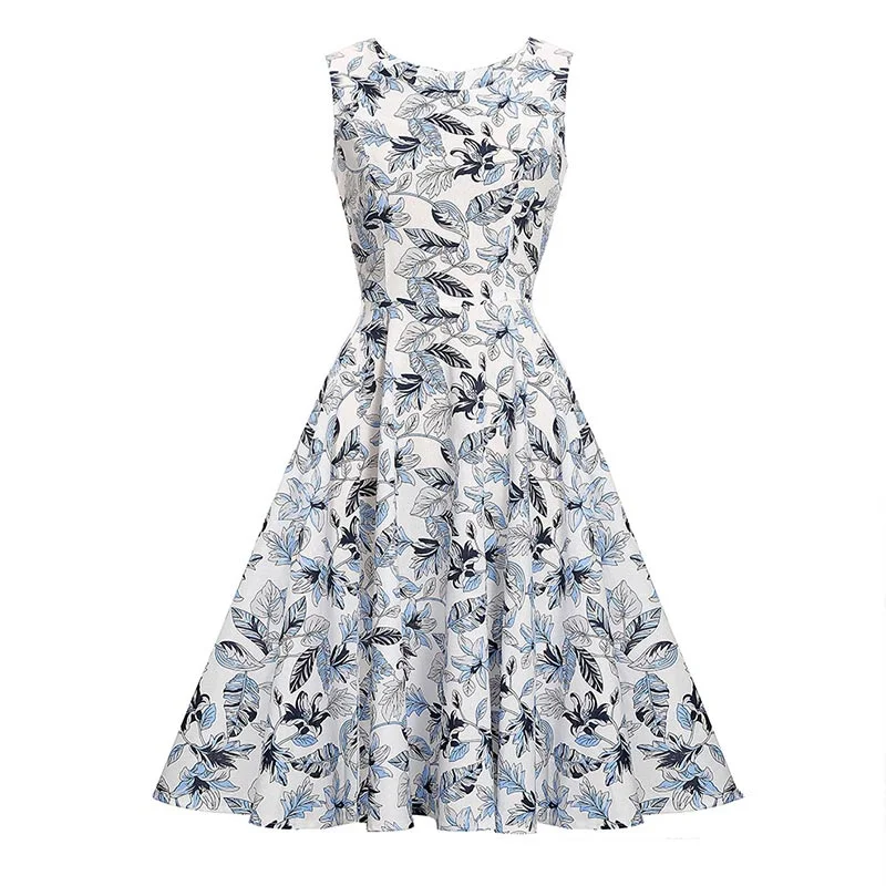 Leaf Print Sleeveless Vintage Dress #Blue Formal unclassified dresses