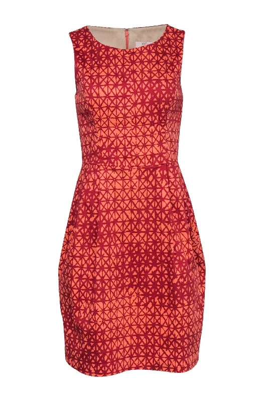 Lela Rose - Pink & Red Crosshatch Printed Cotton Sheath Dress Sz 6 Cotton unclassified dresses