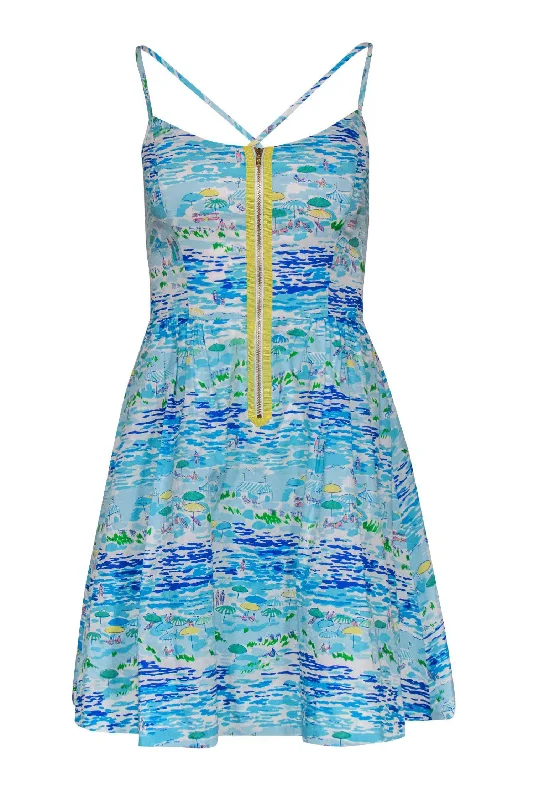 Lilly Pulitzer - Blue Beach Print Sleeveless Fit & Flare Dress Sz 0 Off-shoulder unclassified dresses