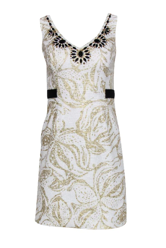 Lilly Pulitzer - White, Gold & Black Beaded Woven Sheath Dress Sz 0 Club unclassified dresses