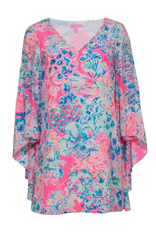 Lilly Pulitzer - Hot Pink & Blue Fish & Coral Print Kaftan-Style Dress Sz 0 Club unclassified dresses