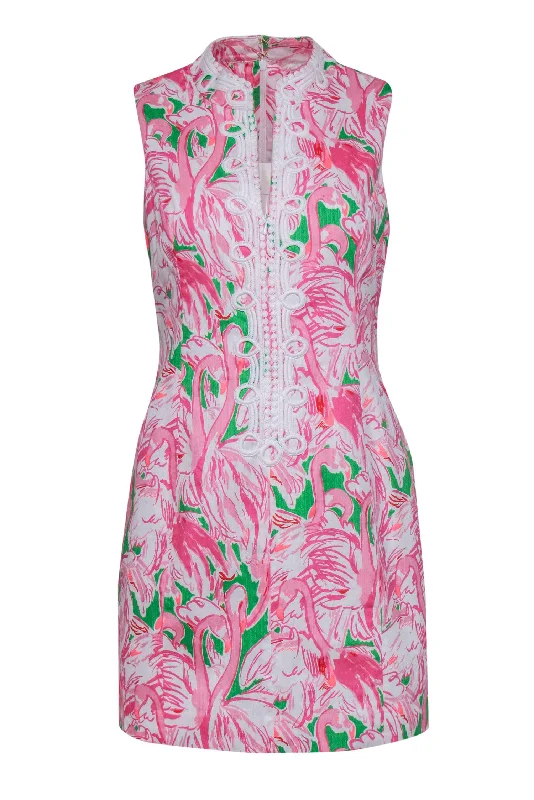 Lilly Pulitzer - Pink, Green & White Flamingo Print "Alexa" Shift Dress Sz 10 Flowy unclassified dresses