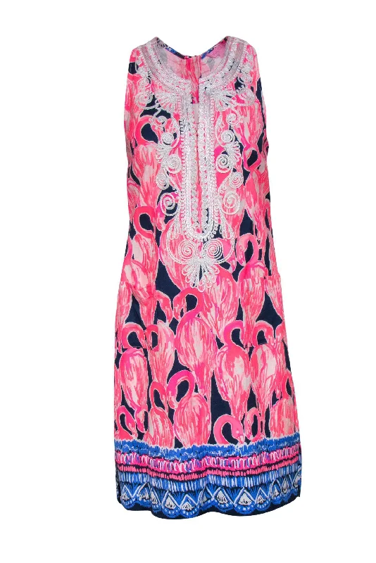 Lilly Pulitzer - Pink & Navy Flamingo Print Sleeveless Sheath Dress w/ Embroidered Trim Sz 2 One-shoulder unclassified dresses