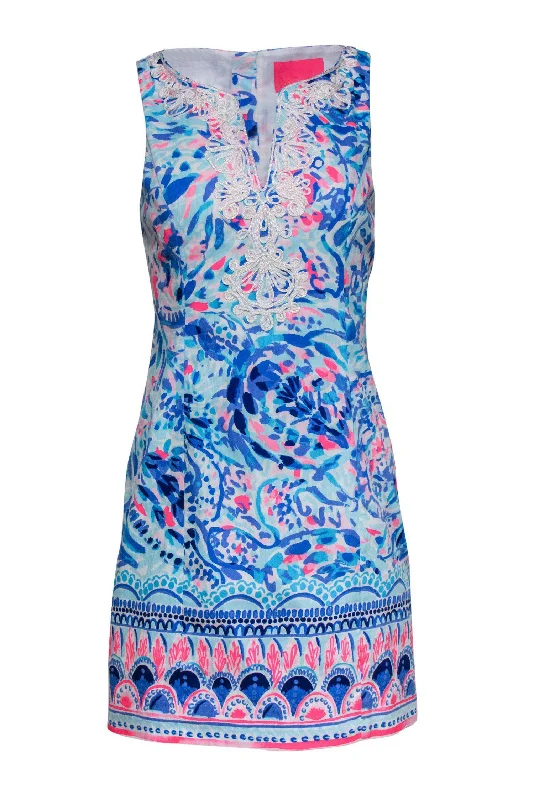 Lilly Pulitzer - Blue & Pink Printed Sleeveless Shift Dress w/ Embroidered Trim Sz 4 Everyday wear unclassified dresses