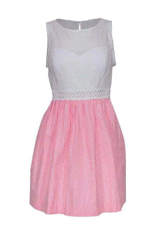 Lilly Pulitzer - White & Pink Striped Seersucker "Alivia" Dress w/ Eyelet Top Sz 6 Engagement unclassified dresses