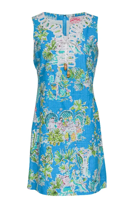 Lilly Pulitzer - Turquoise Embroidered Sheath Dress w/ Garden Print Sz 8 Boho unclassified dresses