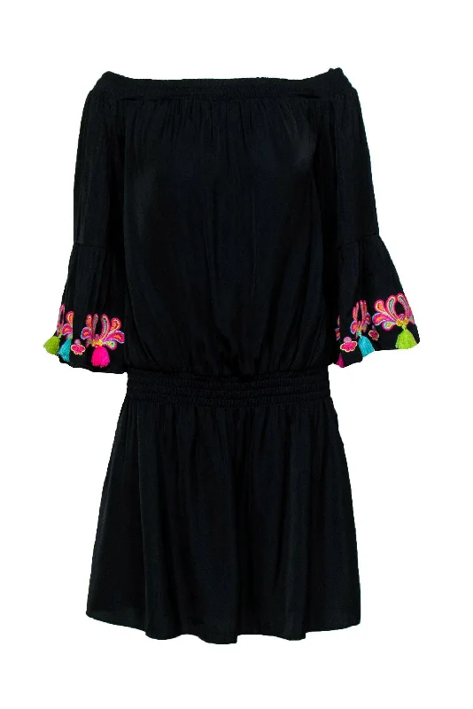 Lilly Pulitzer - Black Off-the-Shoulder Smocked Waist Dress w/ Embroidery Sz M Long unclassified dresses