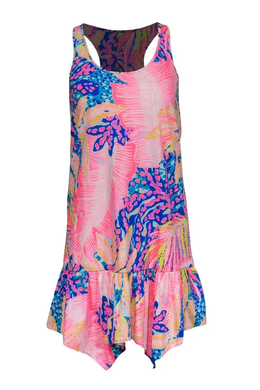 Lilly Pulitzer - Neon Pink & Blue Tropical Print Sleeveless Shift Dress w/ Scarf Hem Sz XXS Velvet unclassified dresses